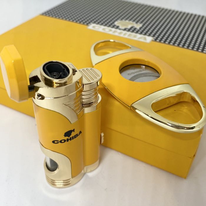 Турбо-запальничка Cohiba та гільйотина жовто-золотистого кольору у наборі