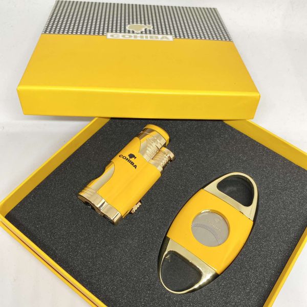 Турбо-запальничка Cohiba та гільйотина жовто-золотистого кольору у наборі
