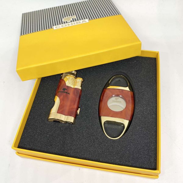 Турбо-запальничка Cohiba та гільйотина коричнево-золотистого кольору у наборі