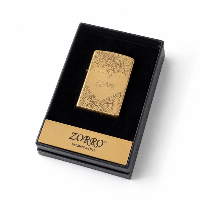 Бензинова запальничка Zorro "LOVE" (Латунна, Золотиста) в подарунковій упаковці