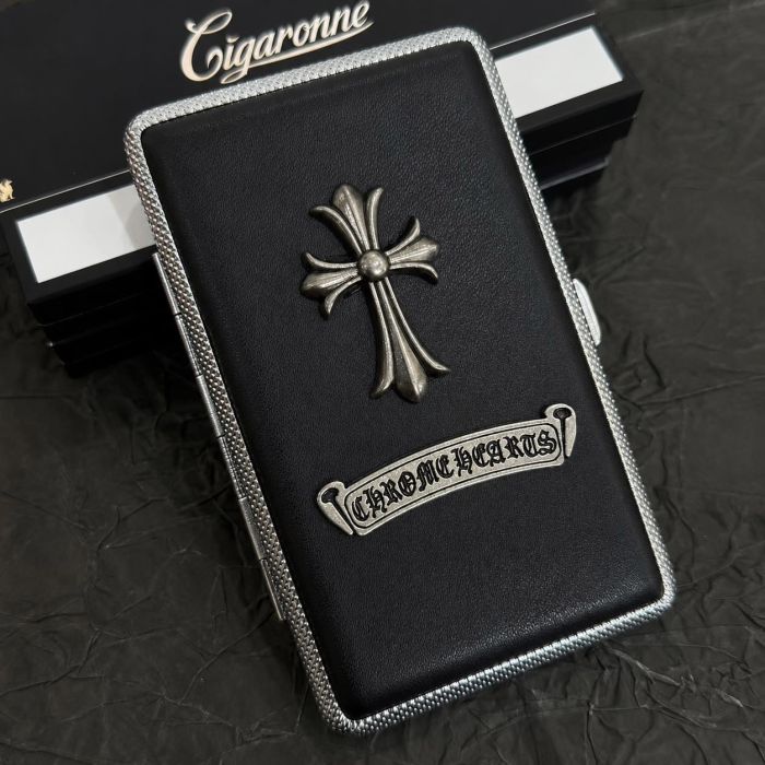 Стильний Портсигар Chrome Hearts (Чорна екошкіра) на 20 сигарет