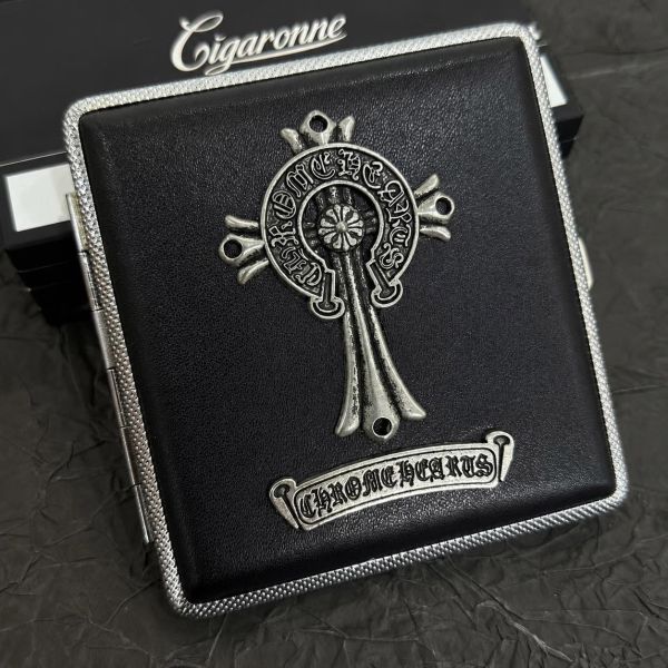 Портсигар металевий Chrome Hearts з екошкірою (на 20 сигарет), чорний з хрестом