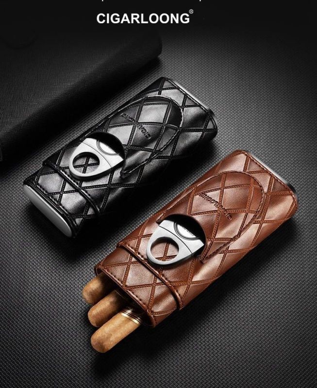 Шкіряний футляр (хумідор) для 3-х сигар Cigarloong із гільйотиною — Коричневий