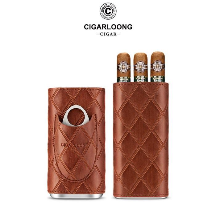 Шкіряний футляр (хумідор) для 3-х сигар Cigarloong із гільйотиною — Коричневий