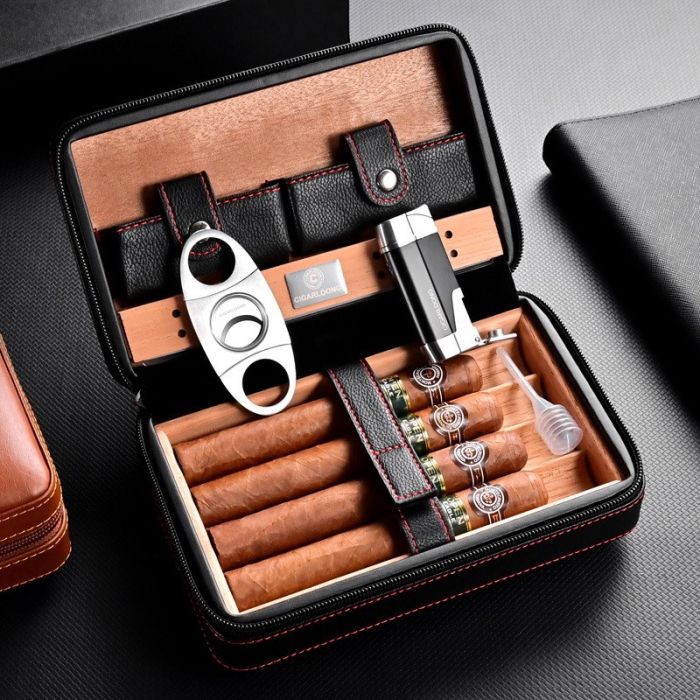 Шкіряний дорожній х’юмідор (футляр) для 4 сигар Cigarloong — Чорний