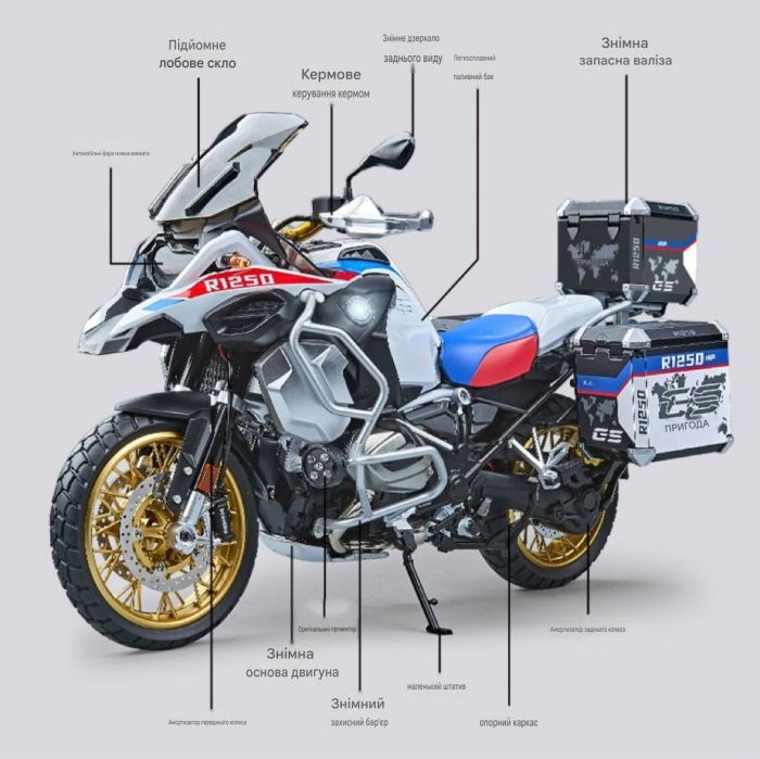 Колекційна масштабна модель мотоцикла BMW R1250 GS Adventure у масштабі 1:7 Зі світловими та звуковими ефектами і ефектом диму