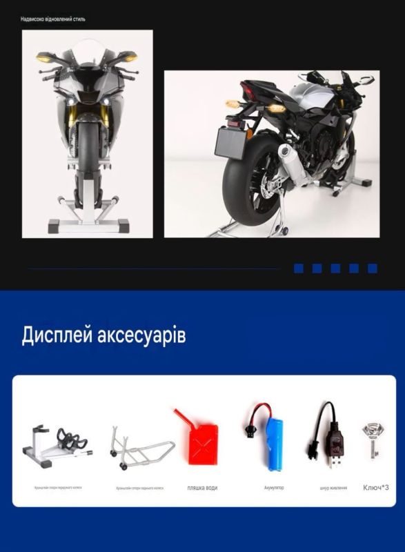 Деталізована легкосплавна модель спортбайка R1M у масштабі 1:6 з текстурою під карбон