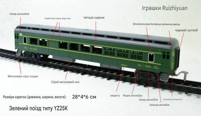 Масштабна залізниця FENFA (9.4 м колії) з локомотивом Dongfeng 4B, паровозом, 7 вагонами, станцією та акумуляторним живленням