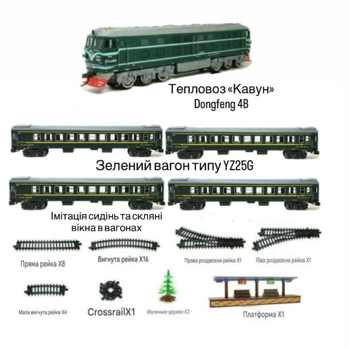 Дитяча диво-залізниця FENFA «Пасажирський експрес Dongfeng 4B Watermelon» (7,5 м траси, 4 вагони,акумулятори + зарядне)