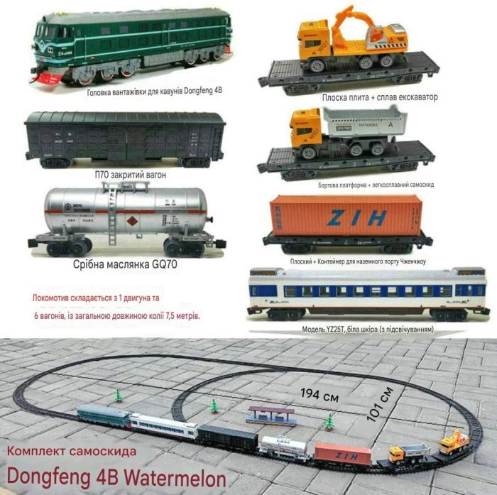 Величезна інтерактивна залізниця FENFA "Dongfeng 4B Watermelon" на акумуляторах (7.5 м колії, світло, звук, 6 вагонів)